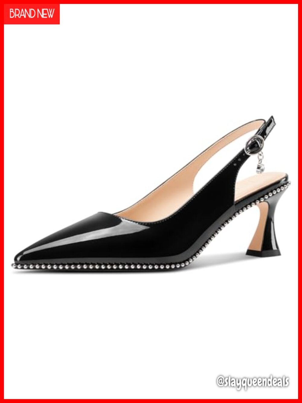 Kitten Heel Pointed Toe Pumps Beaded Slingback Buckle Patent Leather 2.6 Inch